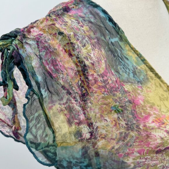Multicolored floral print 100% silk blouse sheer see through ruffle sleeve sz 8 - Picture 4 of 7